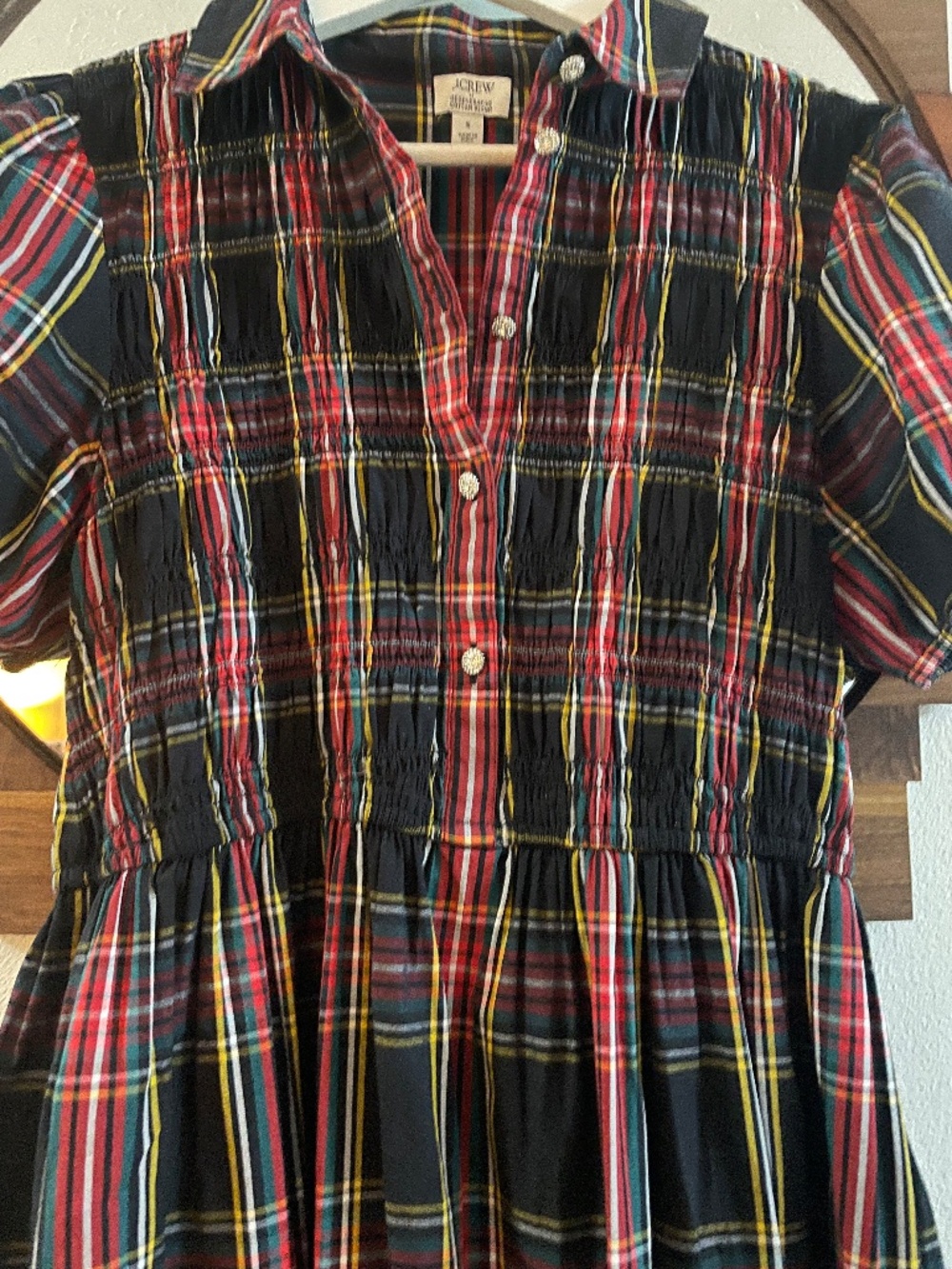 J.Crew Factory Tartan Smocked Midi Shirt-Dress